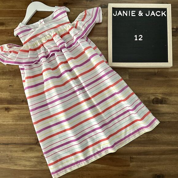 Janie & Jack California Garden Stripe White Red Cold Shoulder Cotton Dress 12 - Picture 1 of 9